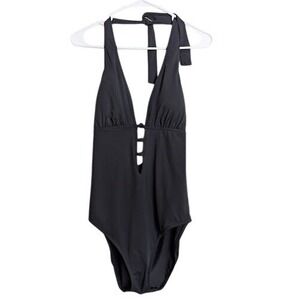 Lauren Ralph Lauren Black One Piece Swimsuit Women Size 14 V-Neck Classic Preppy